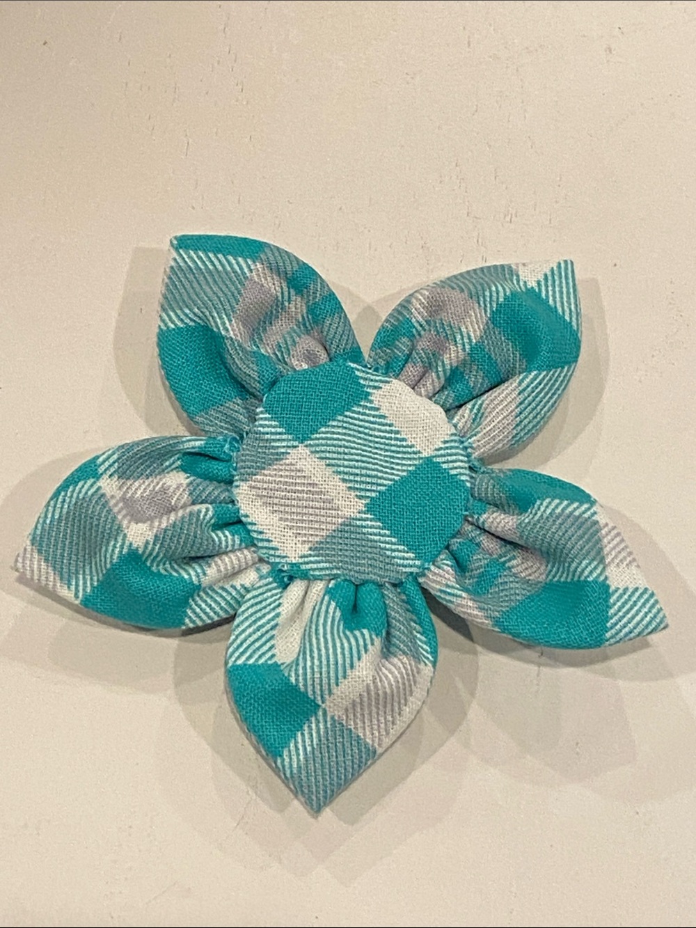 Pet Collar Flower in Plaid Teal Fabric